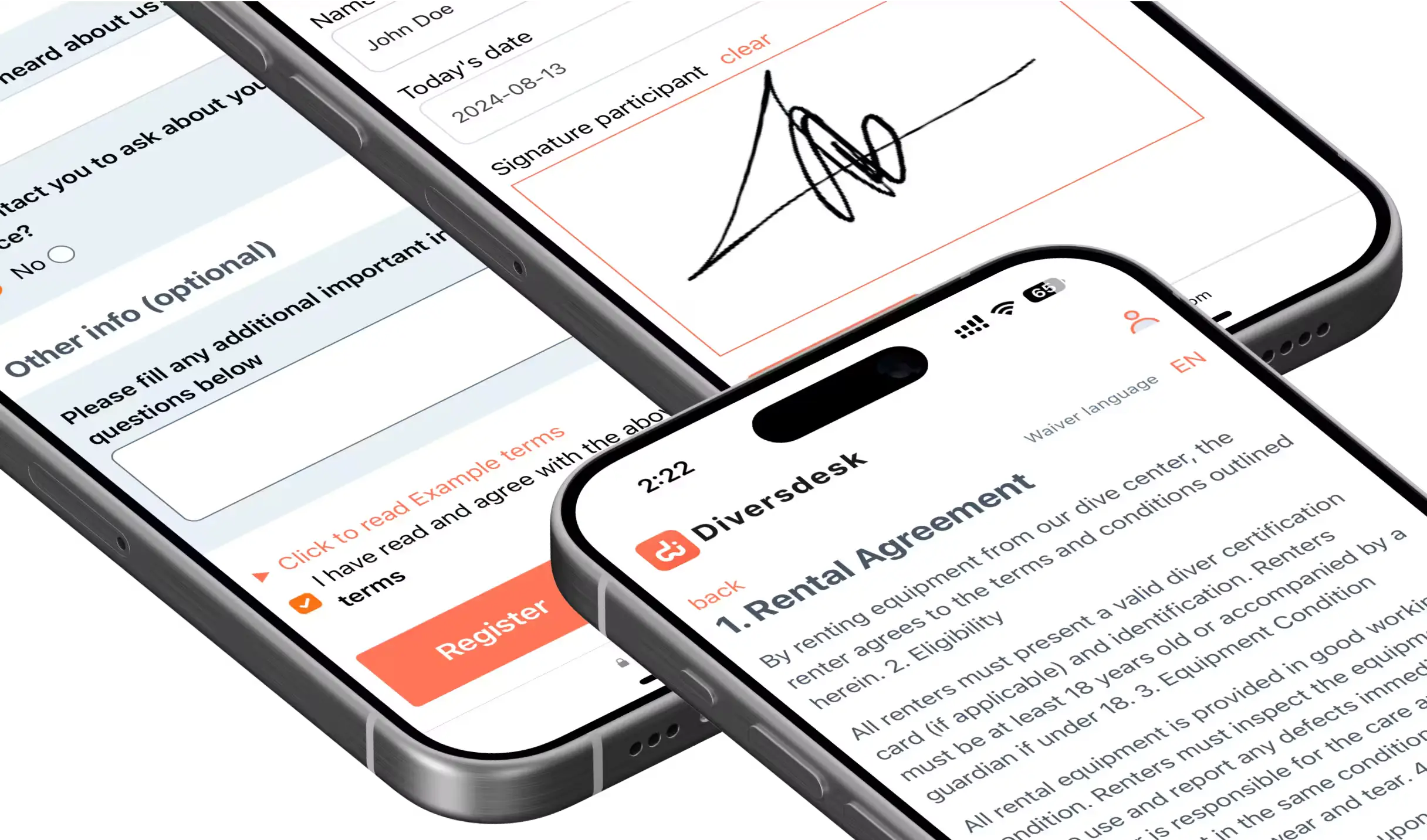 Macbook, ipad and iphone displaying dive center metrics using diversdesk dive shop management software