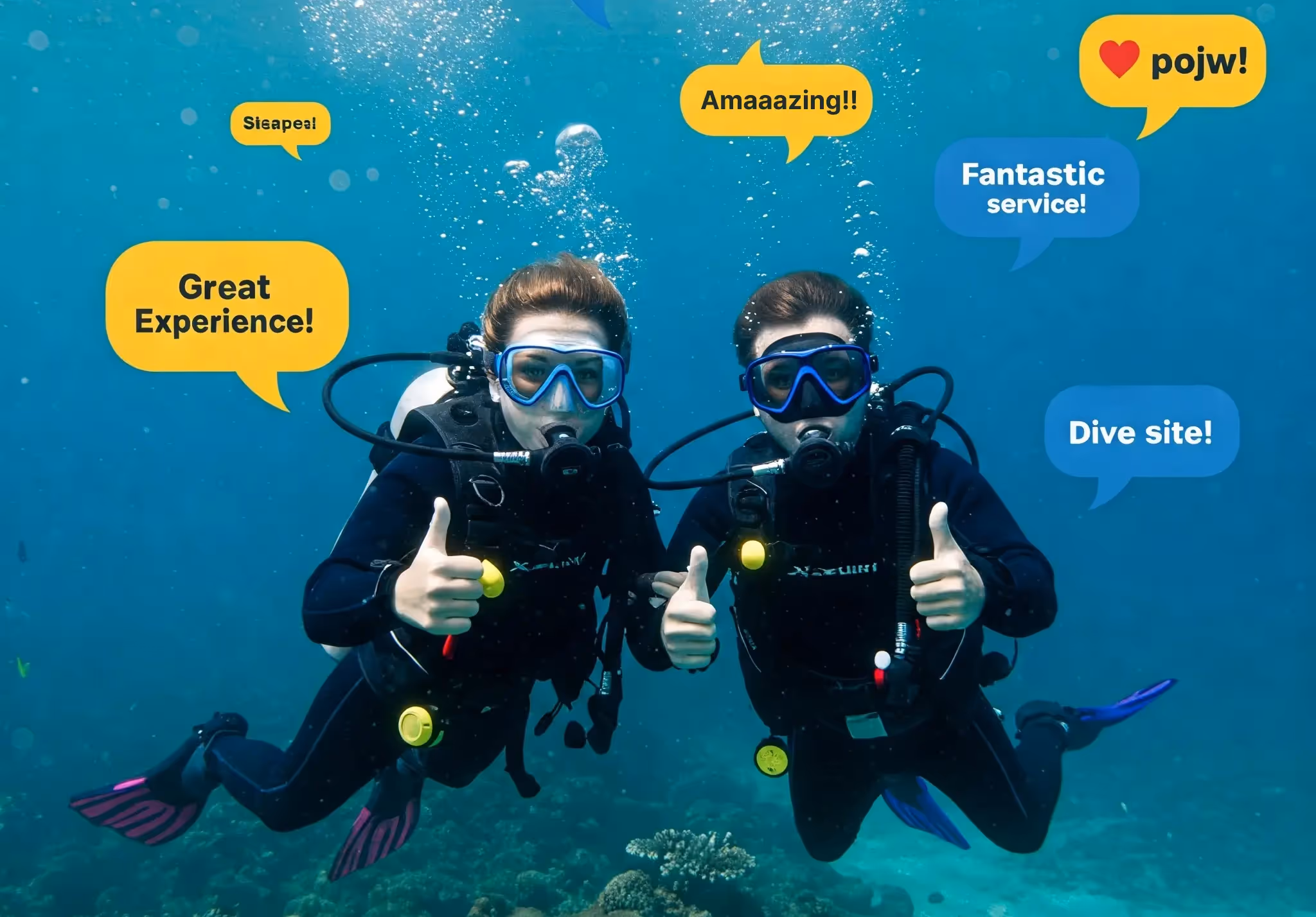 Dive center staff member pointing to a tablet displaying positive online reviews