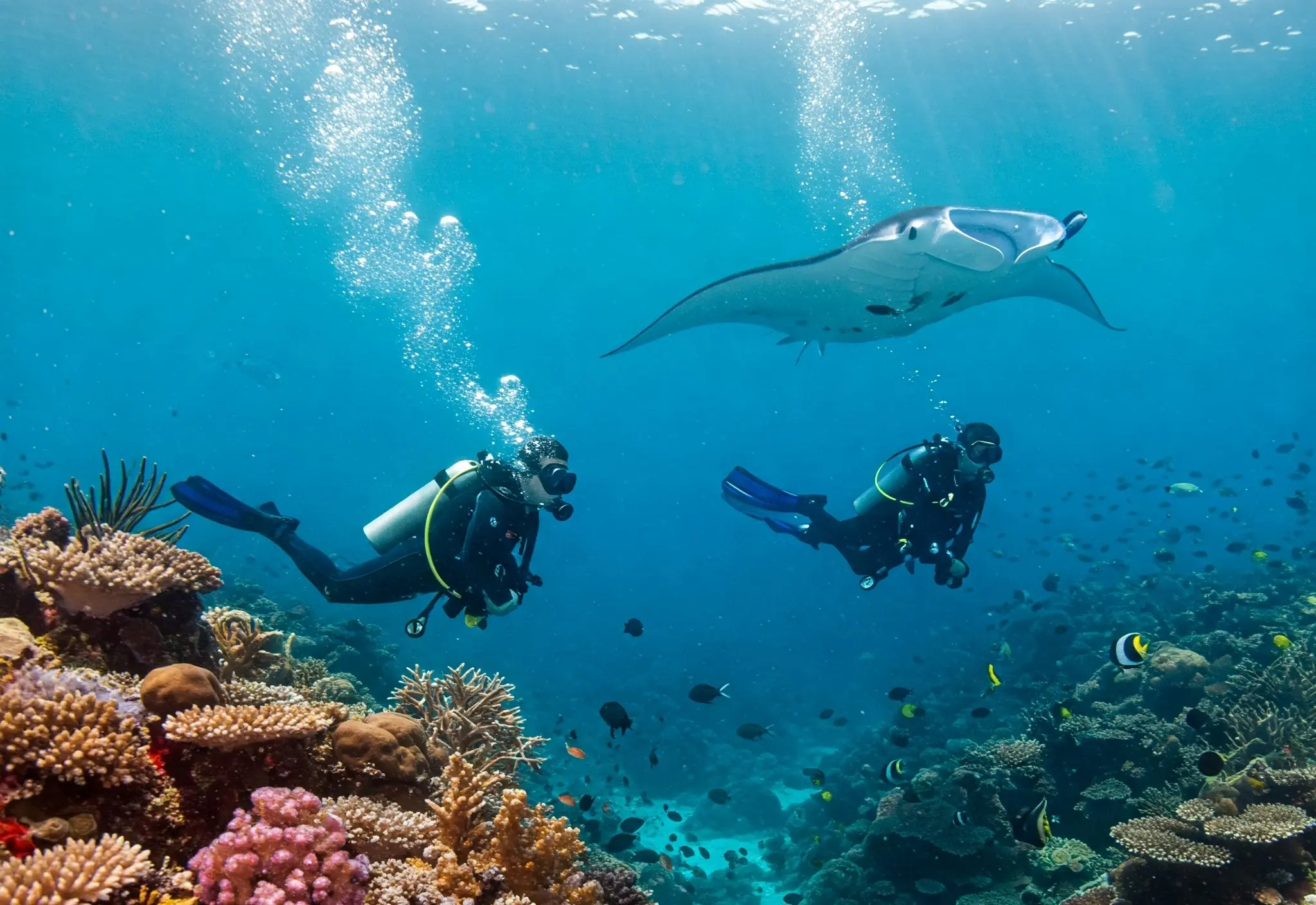 Underwater scene with divers and coral reef, symbolizing the dive industry