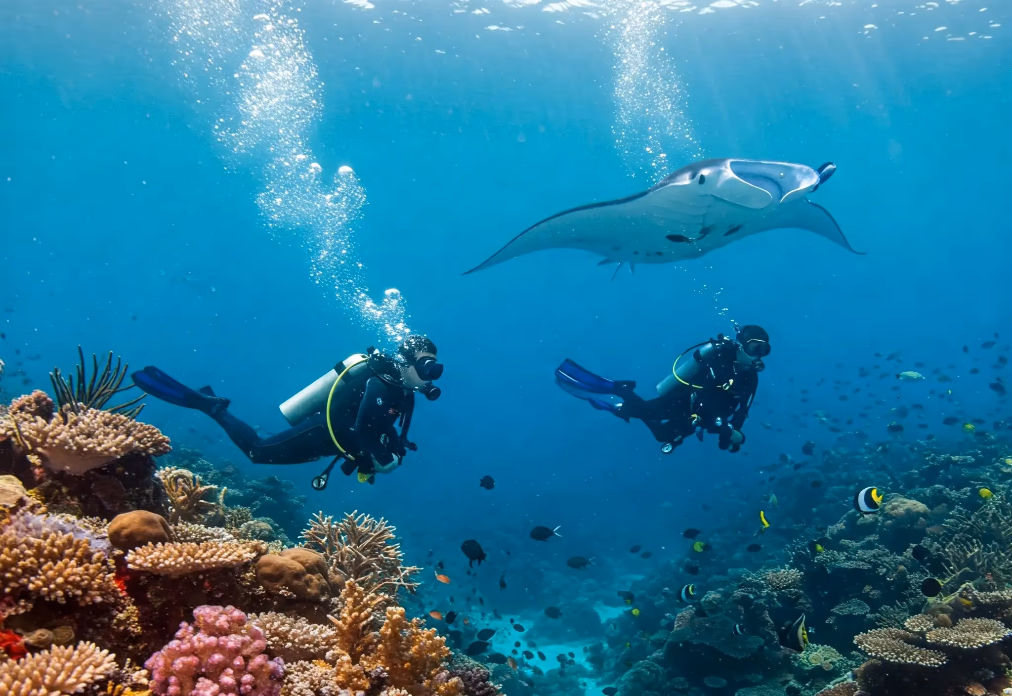 Underwater scene with divers and coral reef, symbolizing the dive industry