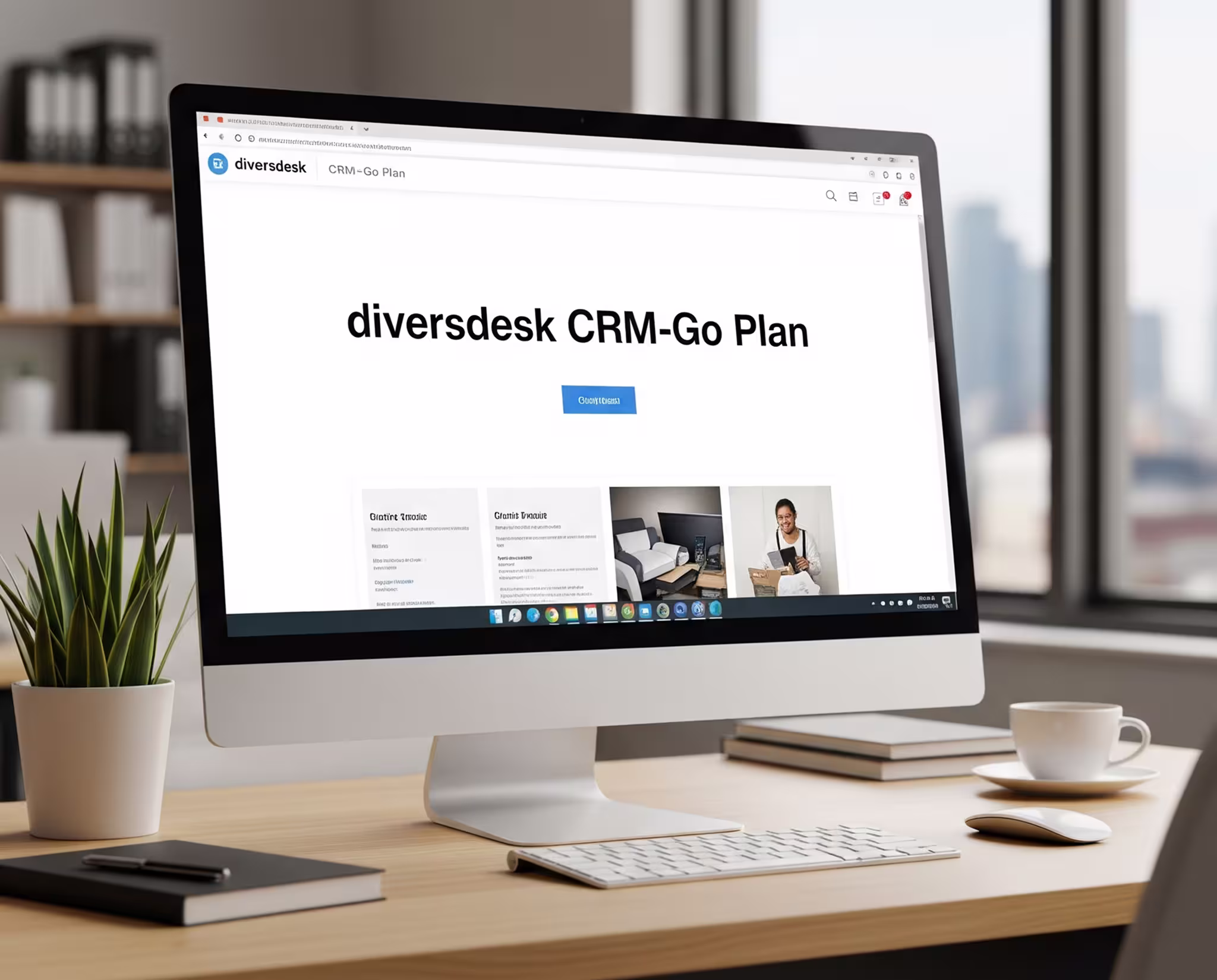 A dive center employee happily using the Diversdesk CRM-Go dashboard on a tablet while customers check in.