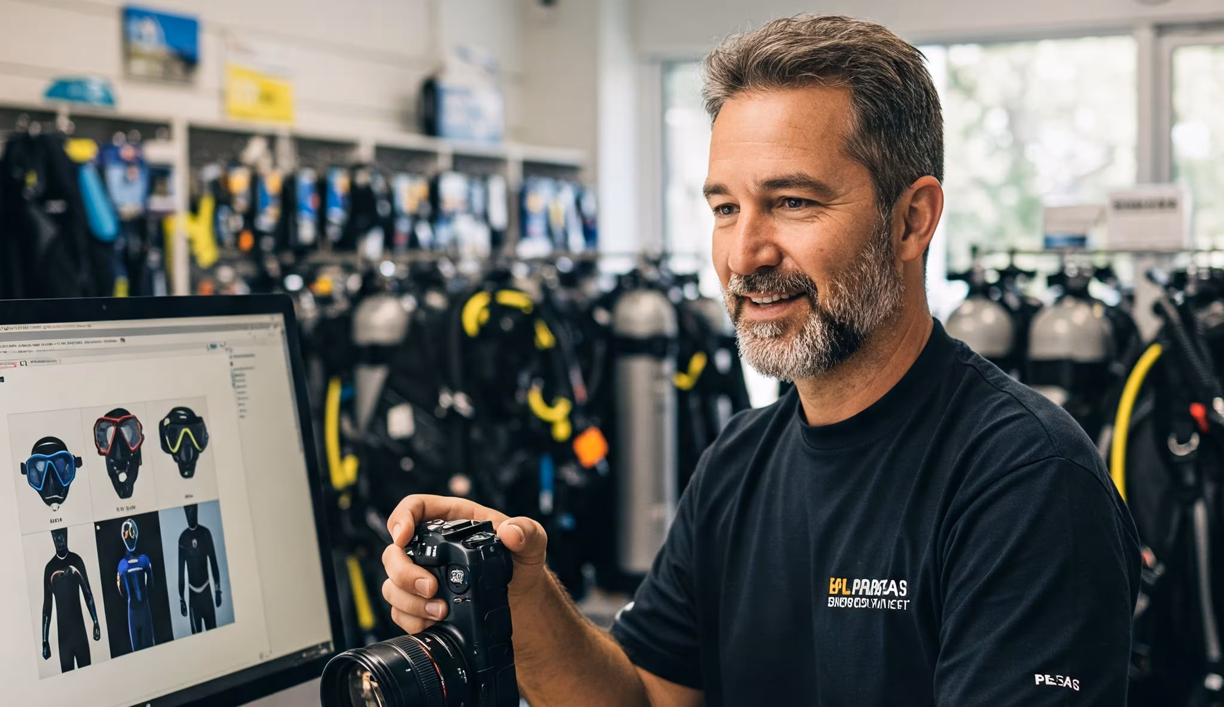 Dive shop front desk showing gear sales and POS setup