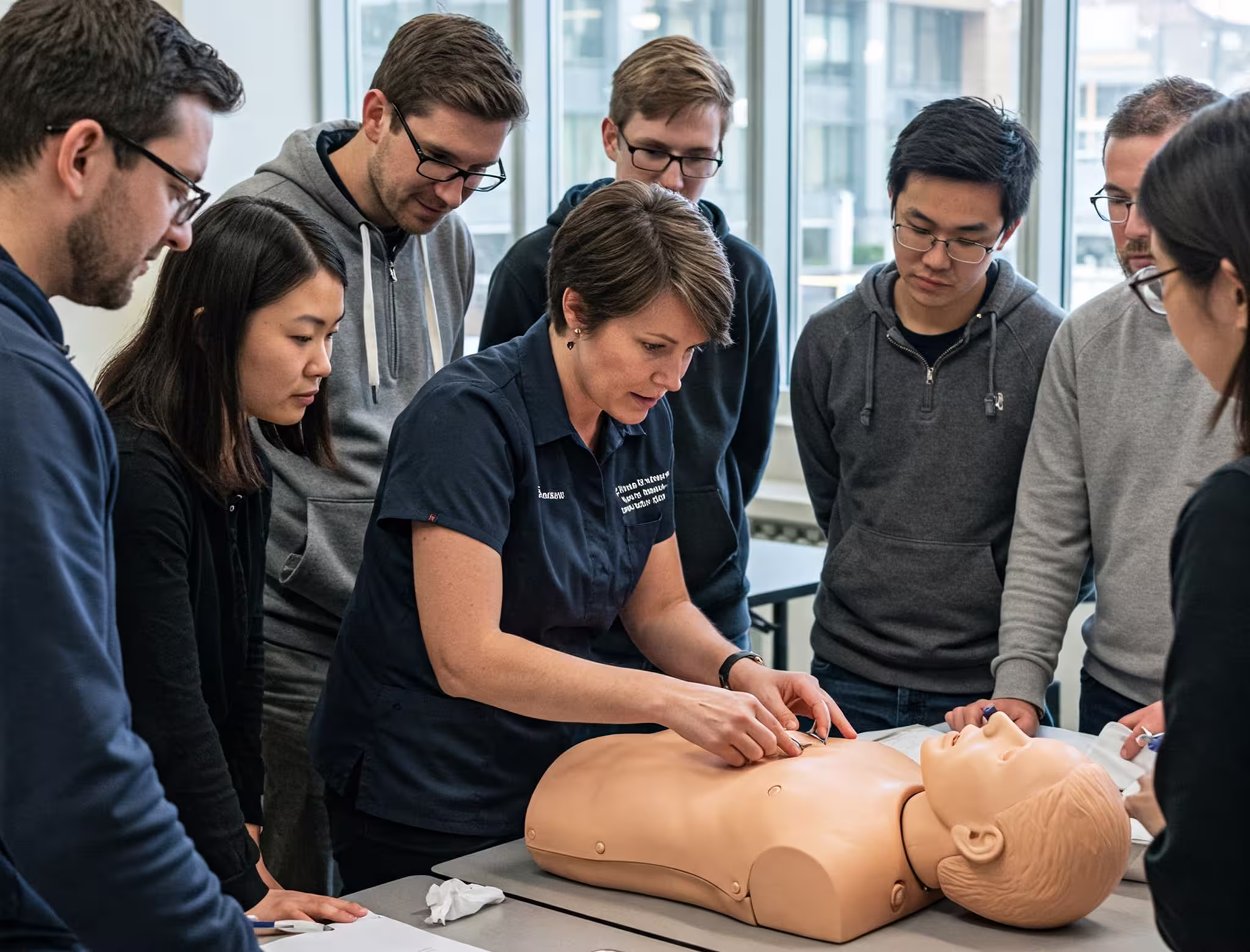 Dive instructor assisting a diver in a simulated emergency scenario