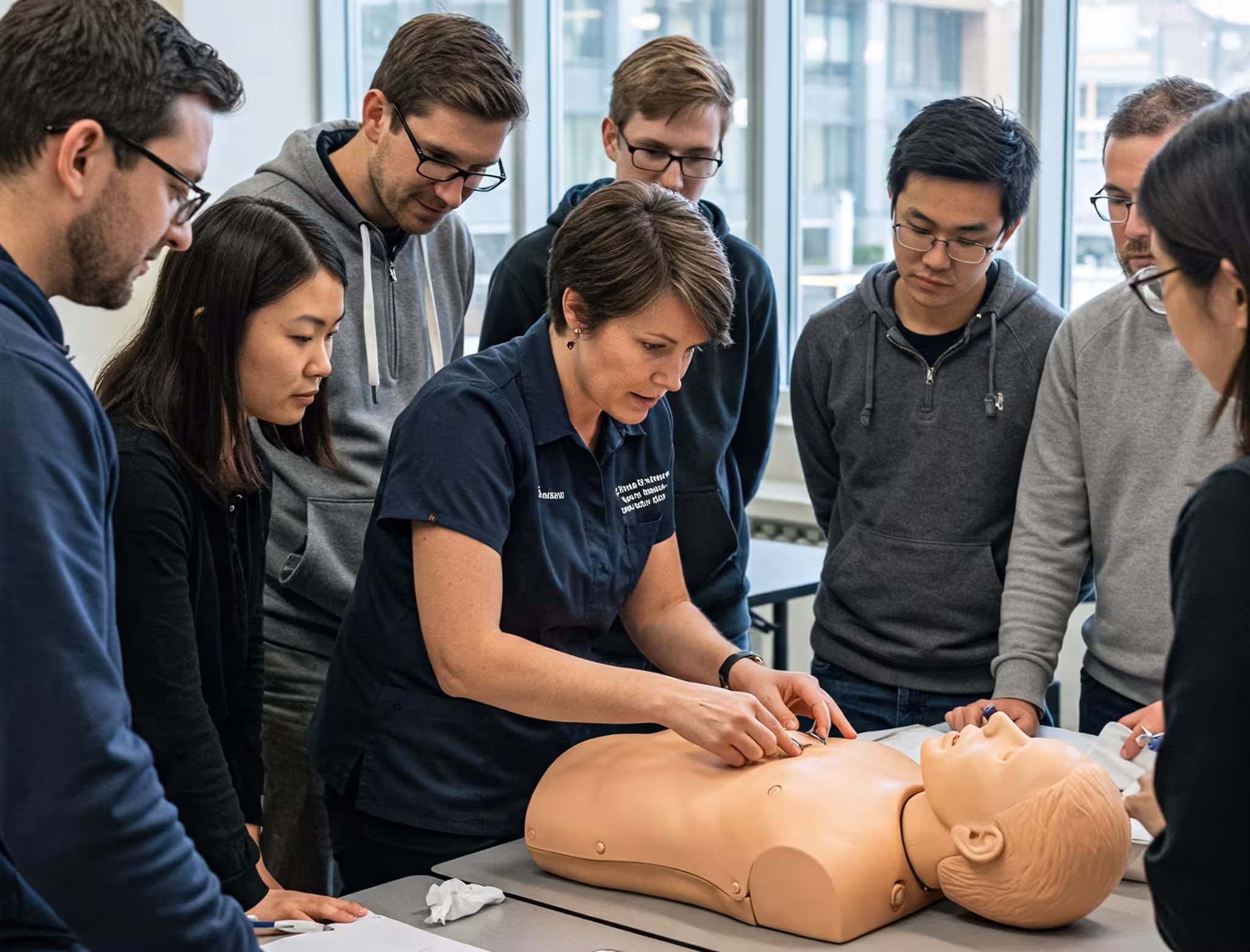 Dive instructor assisting a diver in a simulated emergency scenario