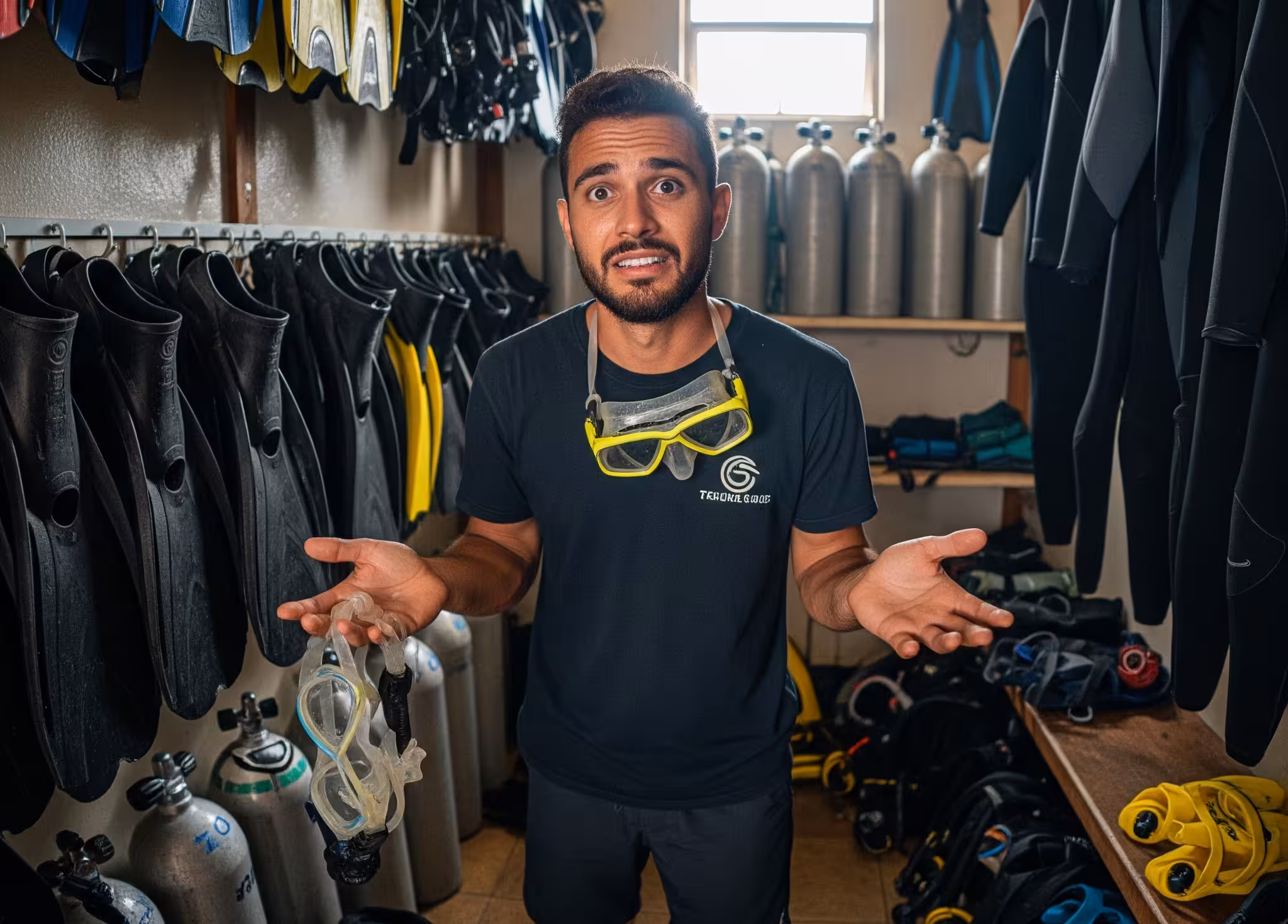 Dive center staff managing rental gear