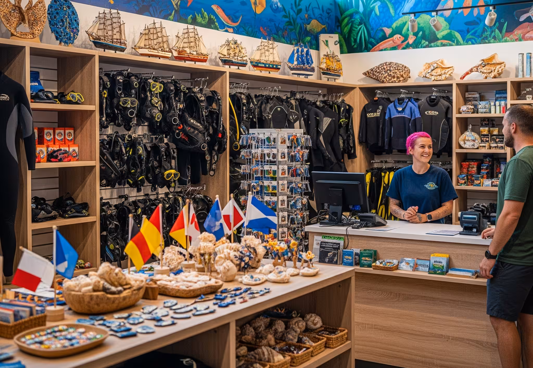 Dive shop shelf with sunscreen, apparel, snacks, and accessories