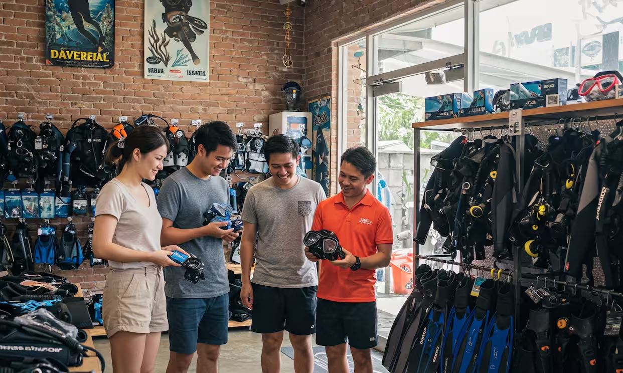 Retail gear being sold in a dive shop using a pos system