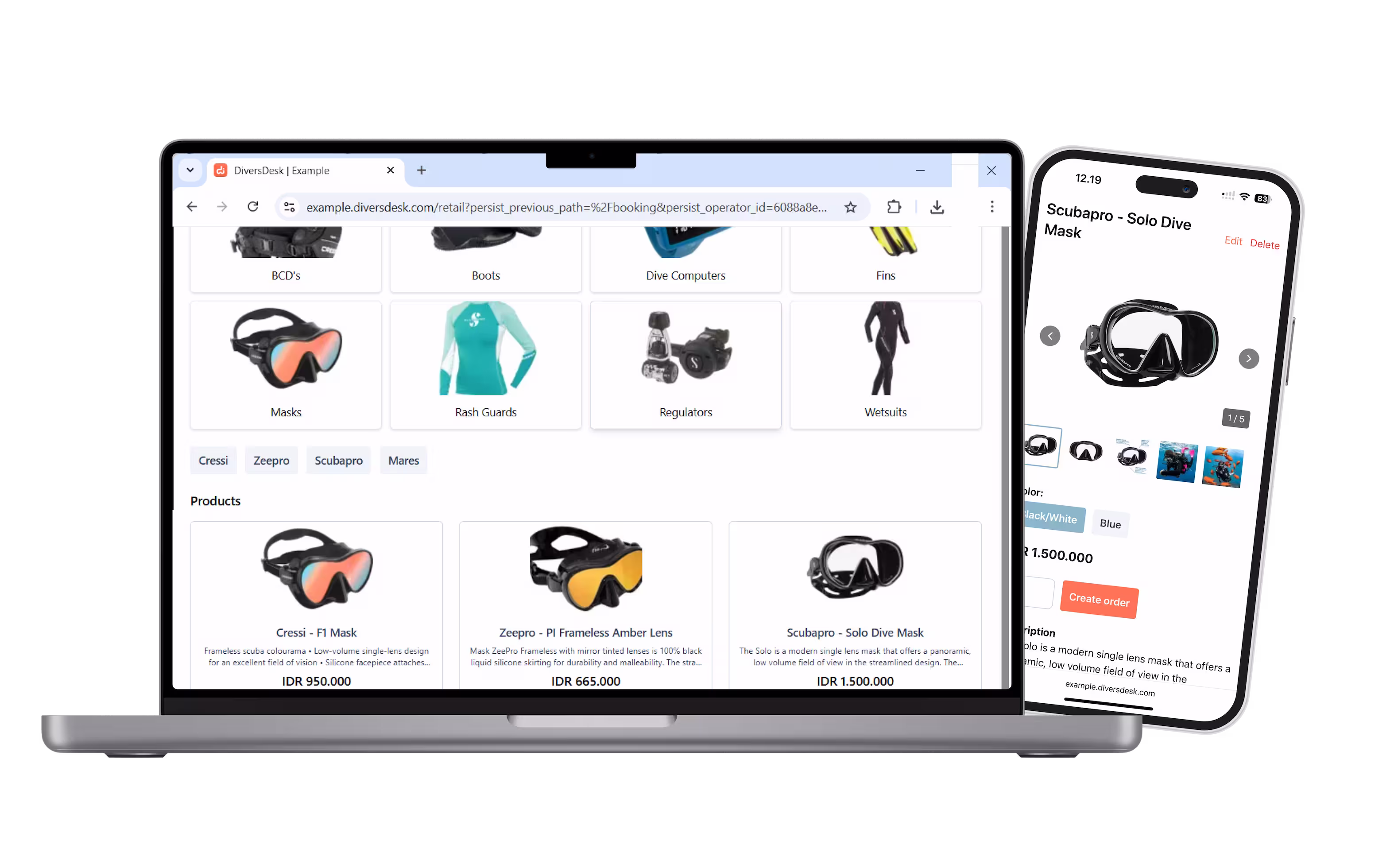 A dive center manager displaying a mask on a laptop using the diversdesk inventory management module